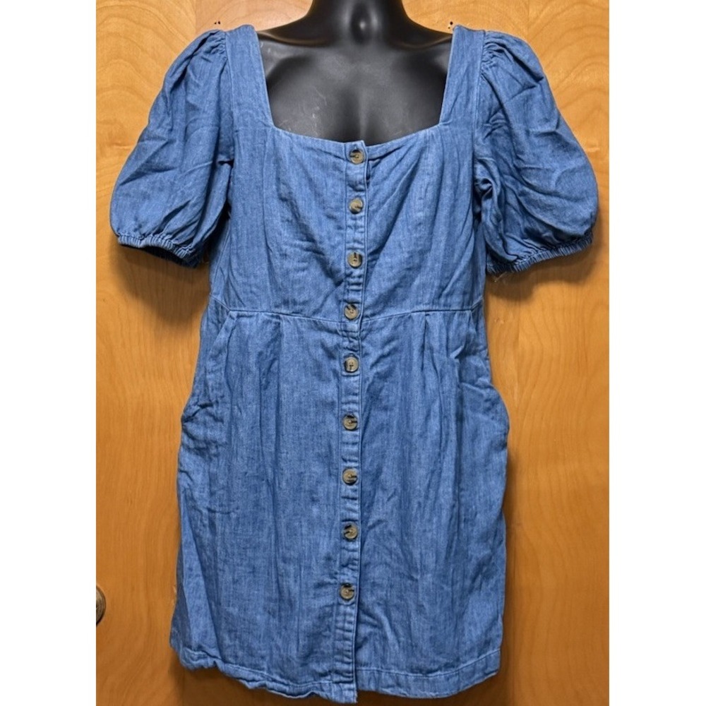 Old Navy Chambray Button Front Cotton Mini Dress Puff Sleeve Cottagecore Sz L